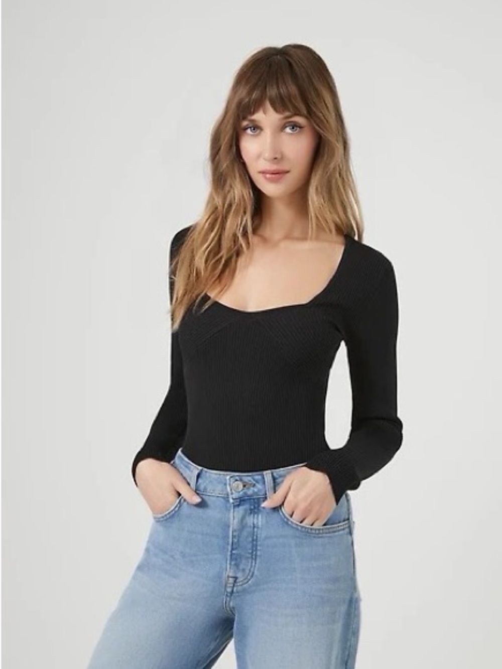Abercrombie & Fitch Black Ribbed Square-Neck Long Sleeve Bodysuit